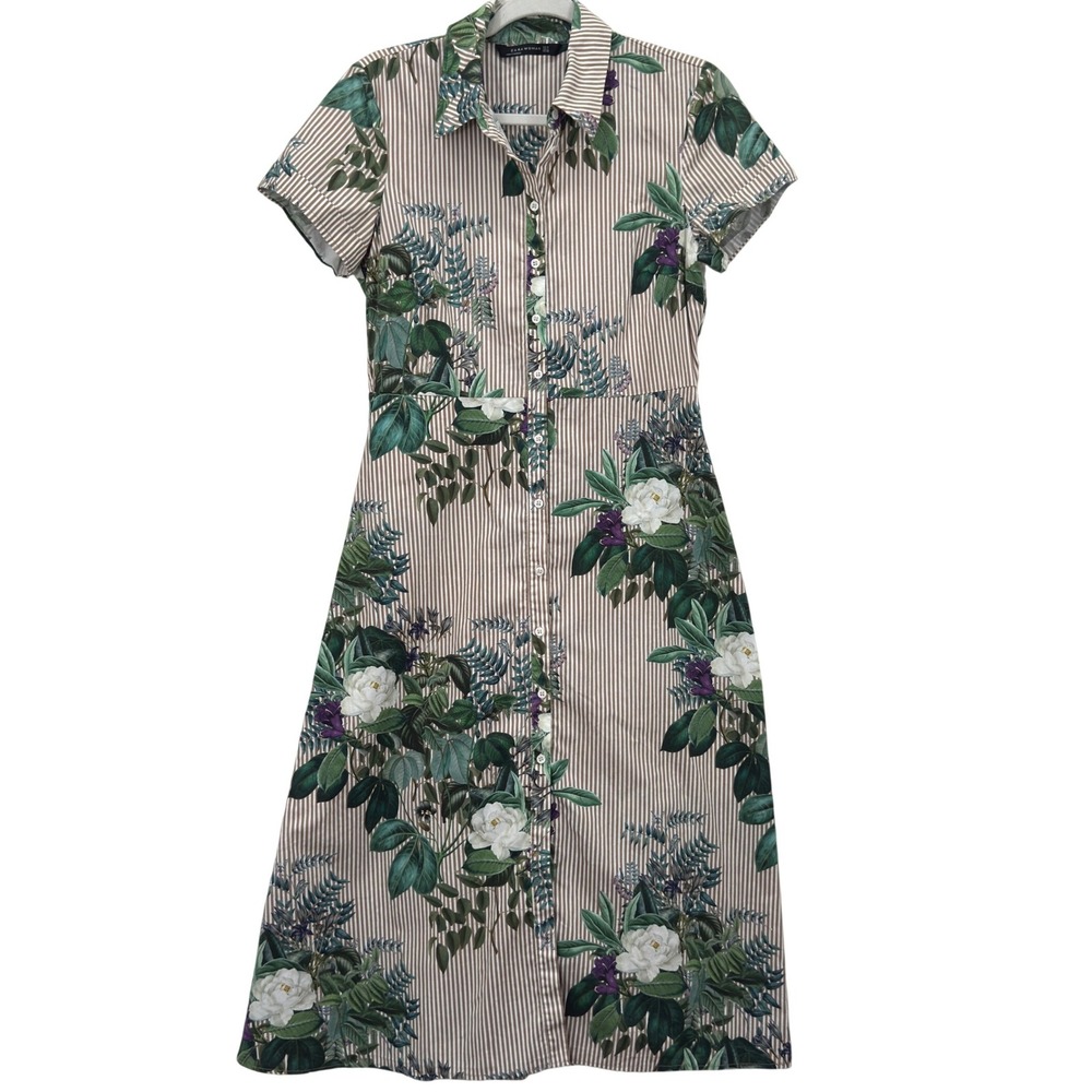 Zara Woman Floral Striped Midi Classic Shirt Dress Sz M Tan Green Short Sleeve